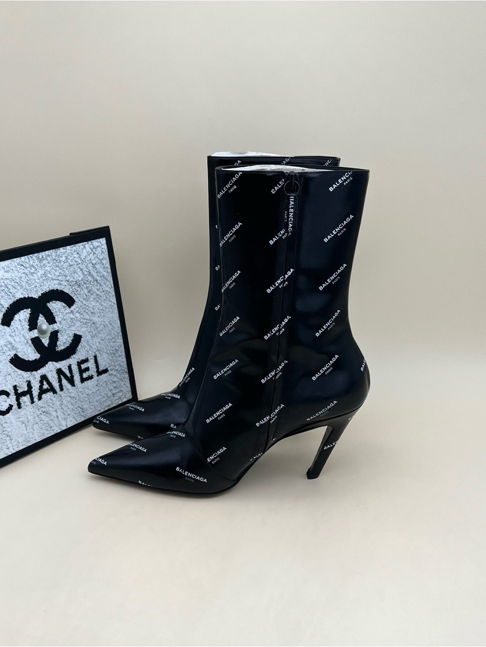 Balenciaga Black Logo Patent Pointed-Toe Mid-Calf Boots